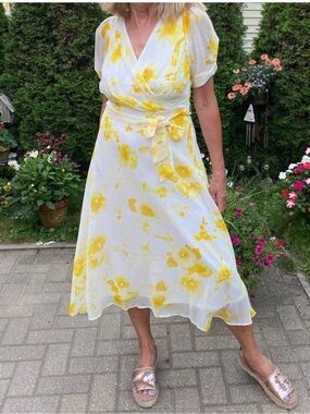 DKNY White Midi Wrap Dress with Yellow Floral Print | NEW | SIZE 10